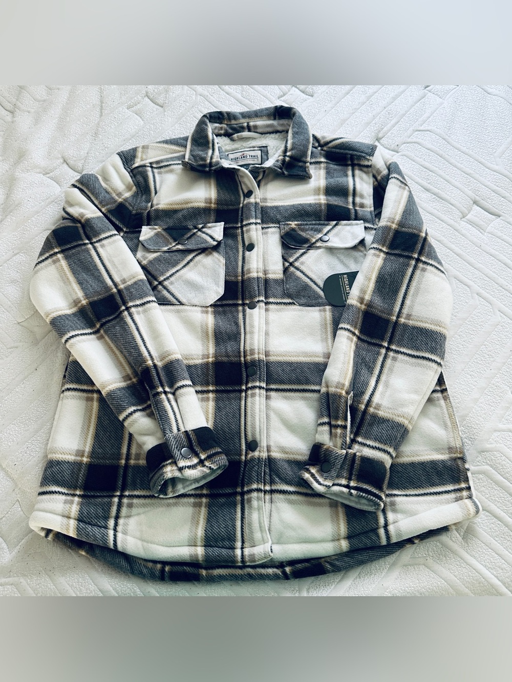 Plaid Snap-Front Kids Jacket in Cream & Black - Cozy Layer
